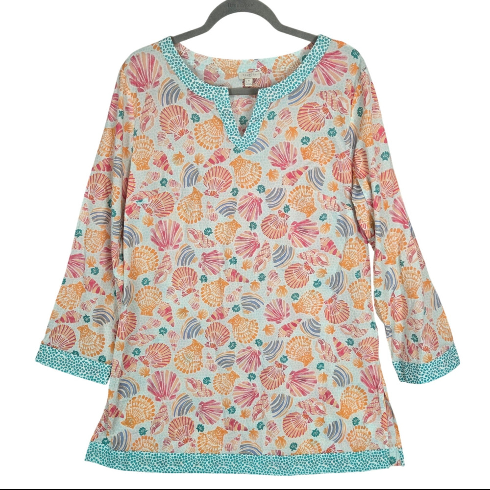 Talbots Seashell Print Tunic Top M Cotton Coverup Multicolor Beach Coastal NWT